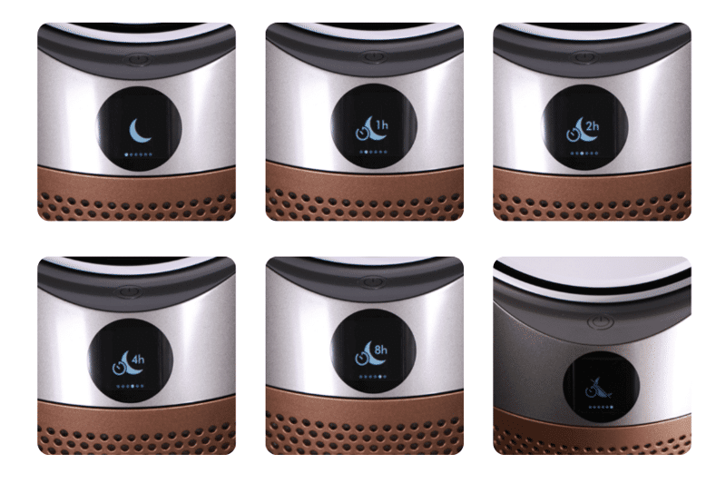 ЖК-дисплей очистителя воздуха и вентилятора Dyson Purifier Cool показывает время таймера сна в часах и индикацию в ночном режиме.